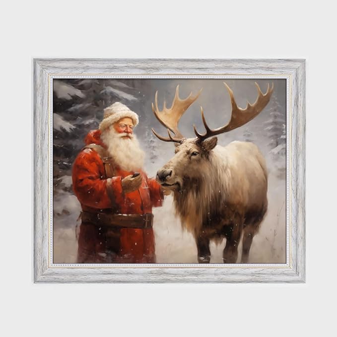 Santa's Reindeer Print, Vintage Christmas Wall Art, Christmas Painting Decor Christmas Art, Santa Claus and Reindeer Xmas Home Decor Trendy Poster Rustic Nordic Decor Winter