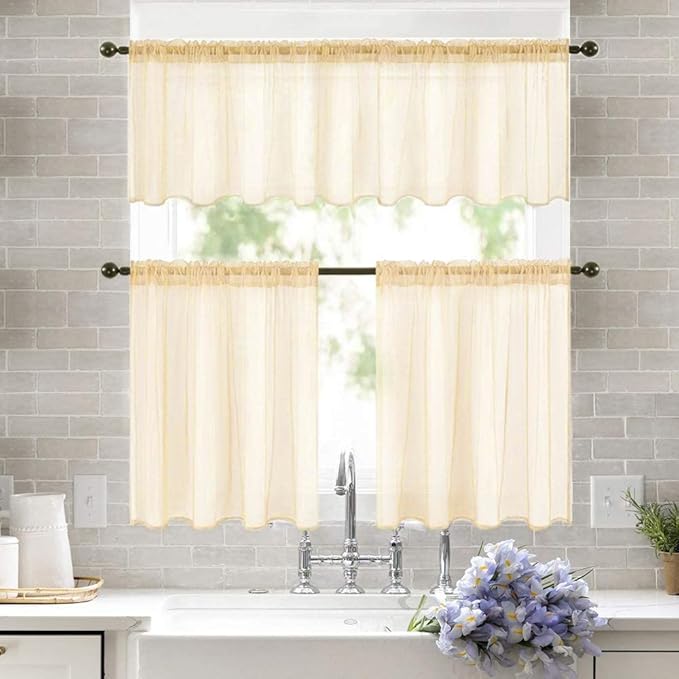 MIULEE Short Sheer Curtains 30 Inch Length for Kitchen Bathroom Cafe Half Window Treatment, Rod Pocket Tier Curtains 2 Panels, 29x30 Inches Long, Cream Beige