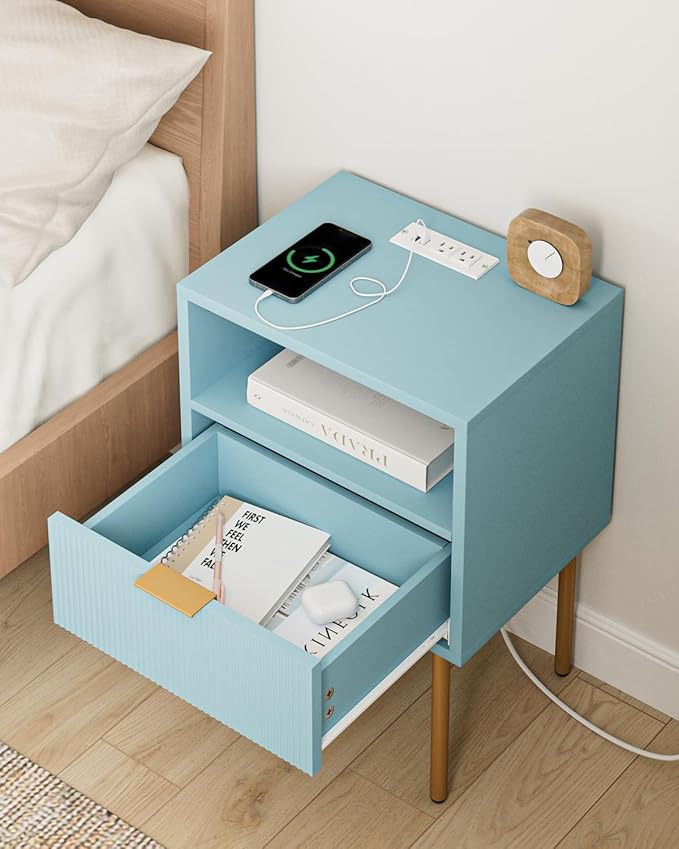 Masupu Nightstand with Charging Station,Mid-Century Modern Bedside Table with Storage Drawer and Open Wood Shelf,Small Gold Frame Side Table for Bedroom,Living Room (Blue)