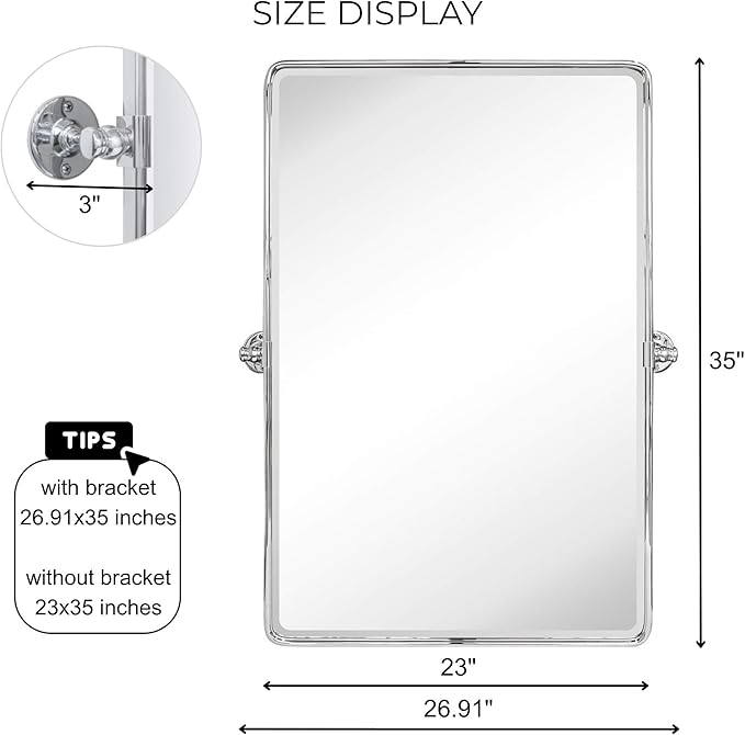 TEHOME Chrome Pivot Rectangle Bathroom Vanity Mirrror Farmhouse Tiltable Rounded Metal Framed Pivoting Bathroom Mirror with Beveled Mirrror, Overall 26.91 x 35 inches (Mirrror 23 x 35 inches)