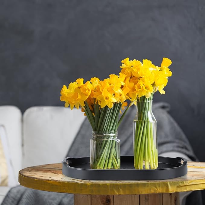 MDLUU Plastic Serving Tray, 14.8-Inch Long Ottoman Tray with Cutout Handles, Oval Butler Tray for Breakfast in Bed, Coffee Table Decor, Party (Small)