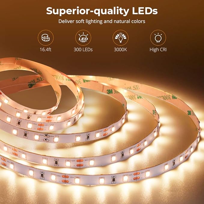 Govee Warm White LED Strip Lights, Bright 300 LEDs, 3000K Dimmable Light Strip 16.4ft with Control Box, LED Lights for Bedroom, Kitchen Cabinets, Living Room, ETL Listed Adapter Included