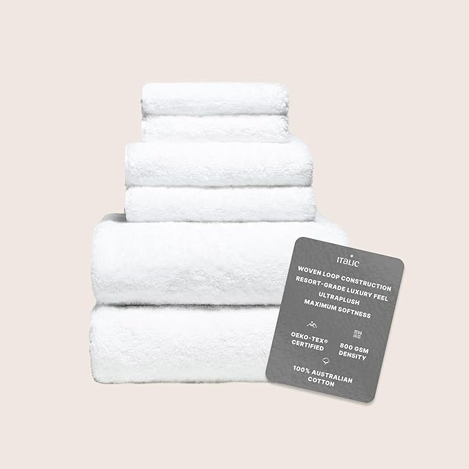 Italic Ultraplush 100% Australian Cotton Towels Standard 6 Piece Set, 2 Bath, 2 Hand, 2 Washcloths, 800GSM Lightweight, Highly Absorbent & Quick Drying Soft Resort Grade Towels (White)