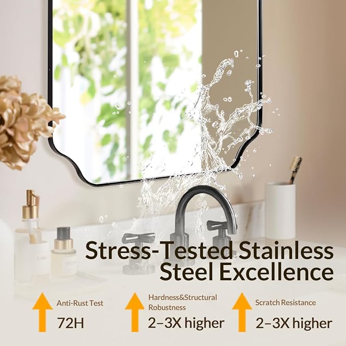 Black Bathroom Mirrors for Wall, 24x36 Inch Black Scalloped Rectangle Mirror with Rounded Notched Corner in Stainless Steel Frame Wall Mounted Vertical or Horizontal Ideal for Home Decor