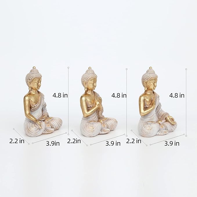 Buddha Statue for Home Decor Gold 4.3'' Set of 3-Small Buddha Statues for Zen Decor-Table Desk Spiritual Decor-Buddha Decor for Living Room-Indoor Buddha Gift for Relaxation, Meditation or Shrine