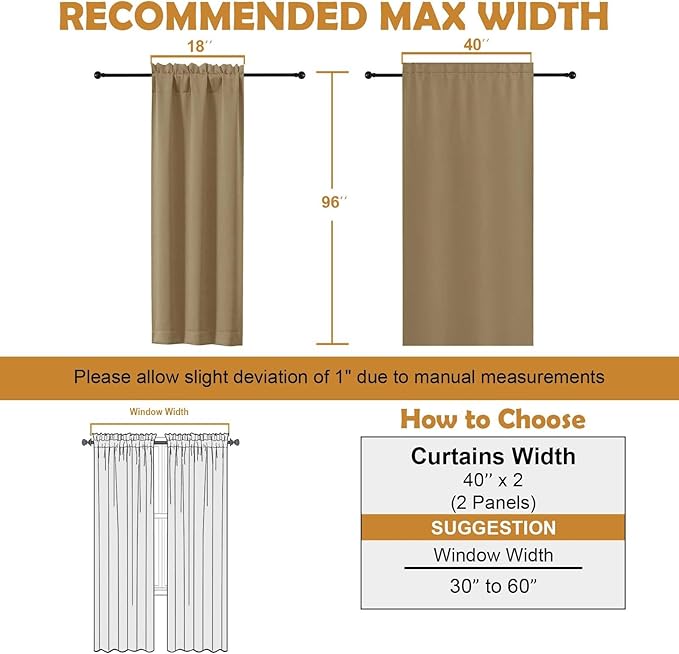 Aiyufeng Taupe Blackout Curtains for Bedroom 96 Inches Long 2 Panels, Solid Thermal Insulated, Energy Saving Living Room Window Treatment Curtains Blackout Drapes, W40 x L96 Inch, Taupe