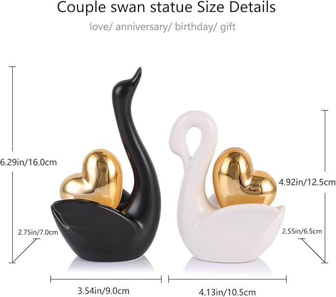 Loving Swan Figurine with Gold Heart Statue, Ceramic Animal Regalos Para Parejas, Cute Figurines Pottery Gifts for Anniversary, Couple Swan Sculpture for Women Dresser Knick Knacks Shelves Show Pieces