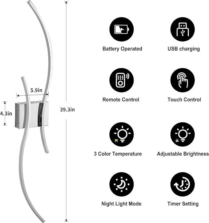 Battery Operated Wall Sconces Set of Two with Remote Control, Stepless Colors 3000K-6000K & Dimming, LED Chrome Wireless Wall Light for Living Room, Hallway, Bedroom, 39.3 Inch (2 Pack)