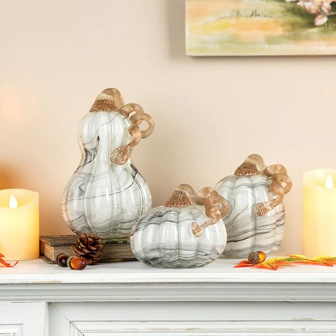 Glitzhome Hand Blown Glass Pumpkin Table Accent for Fall Harvest Thanksgiving Halloween Decorations Gray Marble 5.71" H