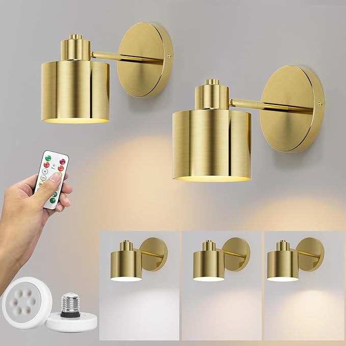 Tipace Gold LED Wall Mounted Lights 2 Pcs with Remote,Wall Sconces Lamp Battery Operated,3 Color Temperatures & Dimmable 360° Rotation Cordless Light for Bedroom Bedside Farmhouse Gallery