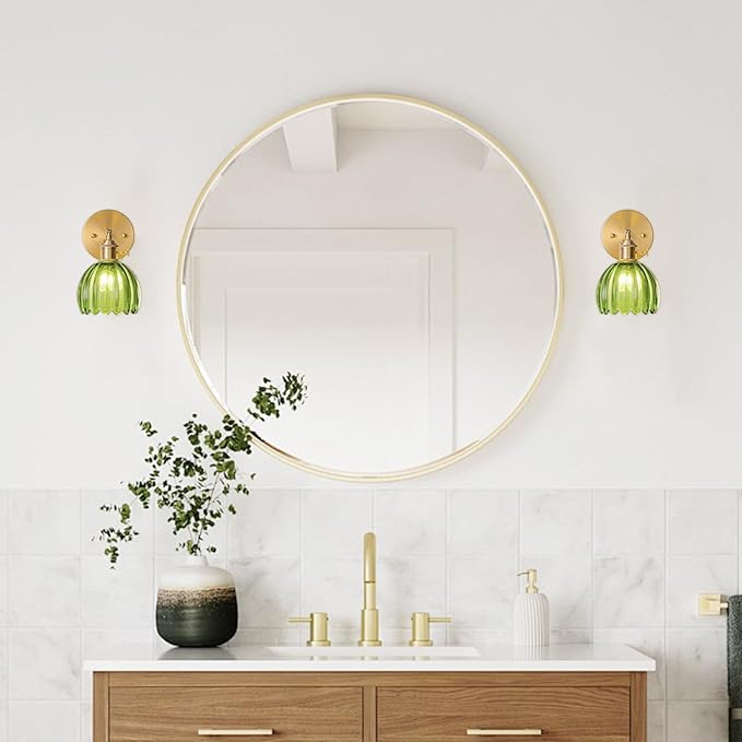 Wall Sconces Set of Two Hardwired, Vintage Wall Sconce Light with Tulip Green Glass Lampshade, Bathroom Wall Sconces with Switch, Gold Wall Light Sconces Wall Decor Set of 2