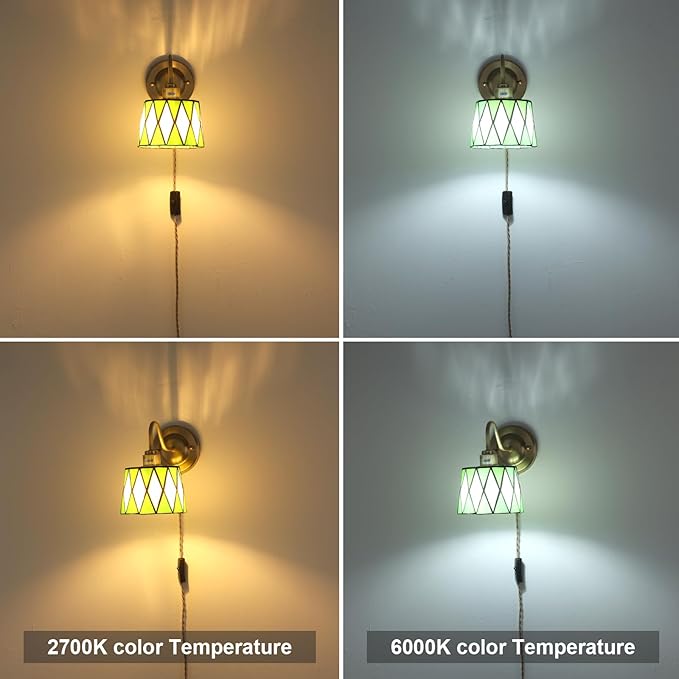 Plug in Wall Sconces Set of 2, Vintage Wall Lamps with Green Checker Sconce, Stained Glass Shade Gold Lights Fixture Decor for Bedroom Bathroom Living Room Hallway