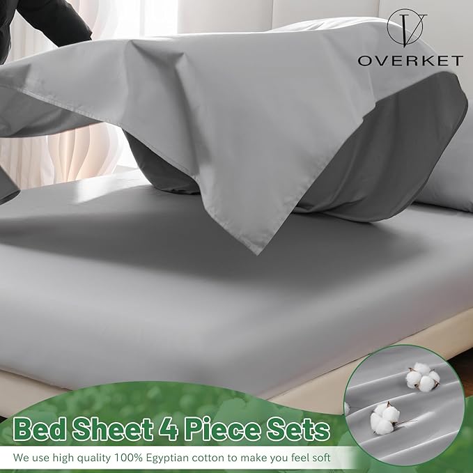 100% Egyptian Cotton Sheets Cal King Sheet Set 4PCS 1000 Thread Count Sateen Weave Soft Breathable 16-Inch Deep Pocket(California King,Grey)