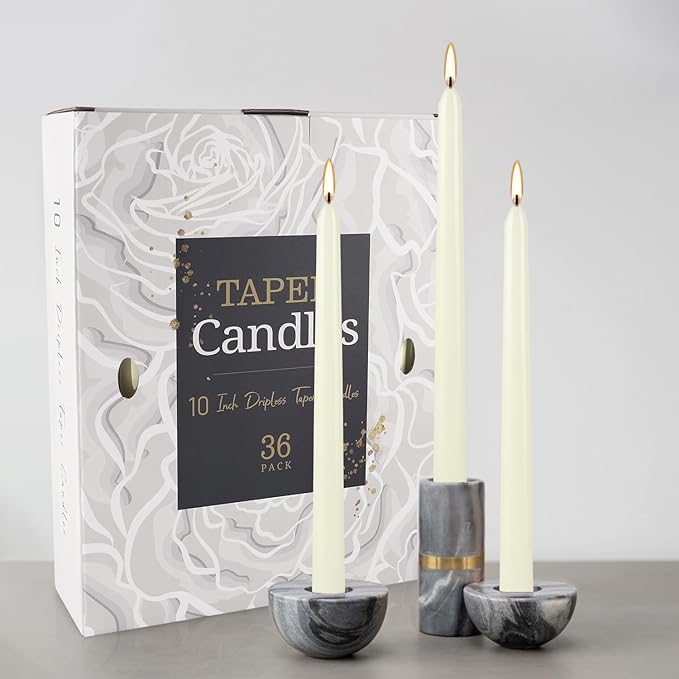 36 Pack Ivory Taper Candles 10 inch(H) Dripless, Smokeless & Unscented - Long Burning Time - Hand Poured Tall Candlesticks - Ideal for Restaurant,Weddings, Dinner Parties, and Home Decor