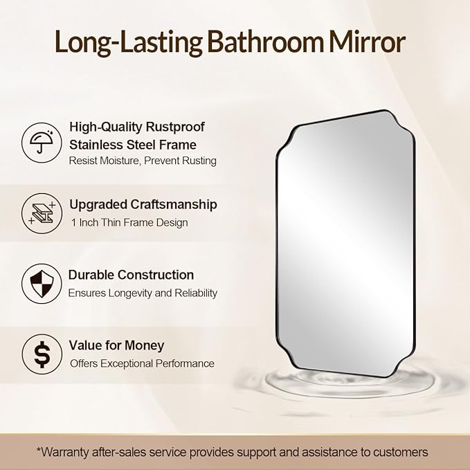 Black Scalloped Bathroom Mirrors for Wall, 30"x40" Unique Rounded Notched Corner Rectangle Mirrors for Bathroom in 1'' Metall Frame Wall Mounted Vertically/Horizontally for Home Decor