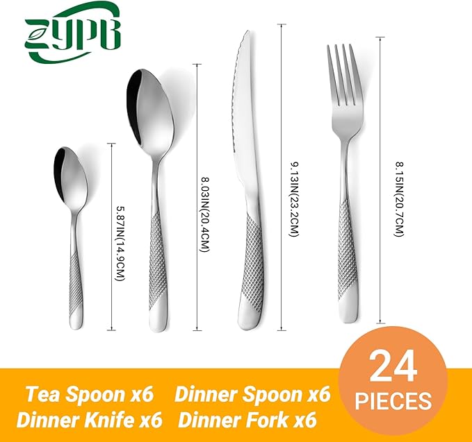 24-Piece Silvery Hammered Silverware Set, Food-Grade Stainless Steel Flatware Service for 6, Modern Cutlery Utensil Set with Forks Knives Spoons, Mirror Polished, Dishwasher Safe for Dining Restaurant