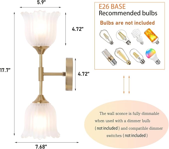 2-Lights Gold Wall Sconce with Frosted Glass Shades Modern Mid Century Bathroom Vanity Wall Light Fixtures Industrial Brushed Brass Wall Lamp for Bedroom Mirror Living Room Restaurant