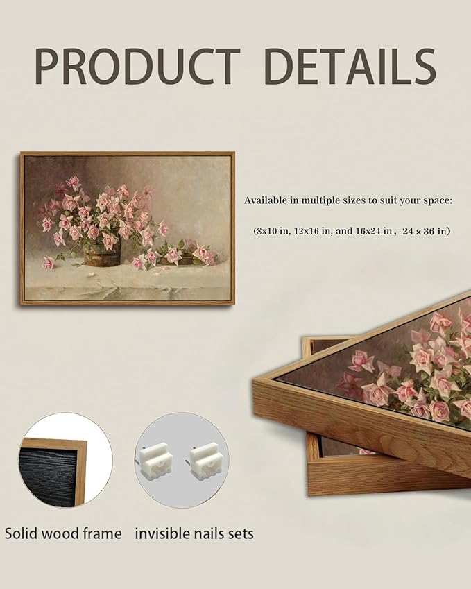 KISSFOX Vintage Floral Canvas Wall Art Framed Retro Pink Flower Botanical Painting Prints Farmhouse Rustic Still Life Roses Pictures Decor Gallery Office Living Room Bedroom Bathroom