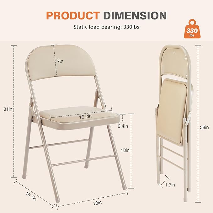 Sweetcrispy Folding Chair 4 Pack, Leather Padded Folding Chairs, Sturdy Metal Foldable Chairs, Easy to Use and Store, Outdoor and Indoor, for Home, Office, Party, Comfy, Kahki