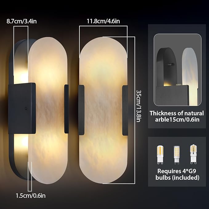 13.8 in Matte Black Alabaster Wall Sconces, Natural Marble Wall Sconces Indoor Alabaster Sconces for Living Room Modern Alabaster Sconces Wall Lighting for Dining Room Stairs Bedroom Bath