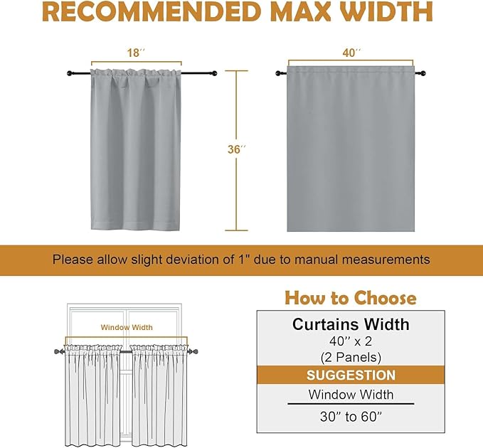 Aiyufeng Silver Grey Short 36 Inches Blackout Curtain 2 Panels Set, Half Window Rod Pocket Privacy Curtain Tiers for Kitchen, Curtains Blackout for Bathroom Shades, W40 x L36 Inch, Silver Grey