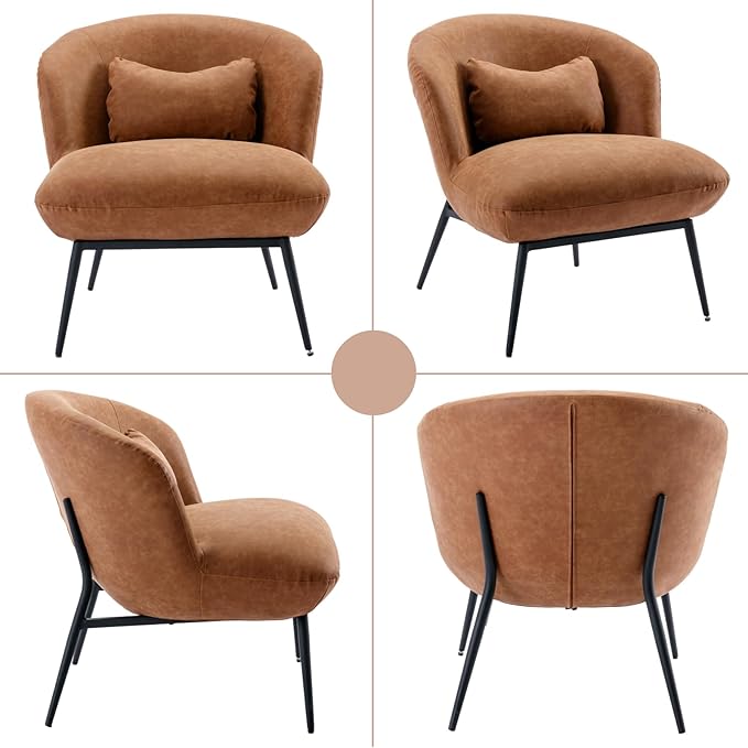 Modern Accent Chair, Upholstered PU Leather Side Chair Guest Chair with Small Pillow Black Metal Legs, Comfy Lounge Chair for Living Room Bedroom, Brown