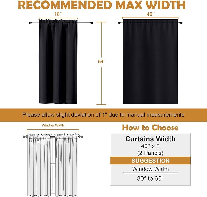 Aiyufeng Halloween Black Short Blackout Curtains for Bedroom 54 Inches Long 2 Panels Set, Solid Thermal Insulated, Energy Saving Window Treatment Curtains Blackout Drapes, W40 x L54 Inch, Black