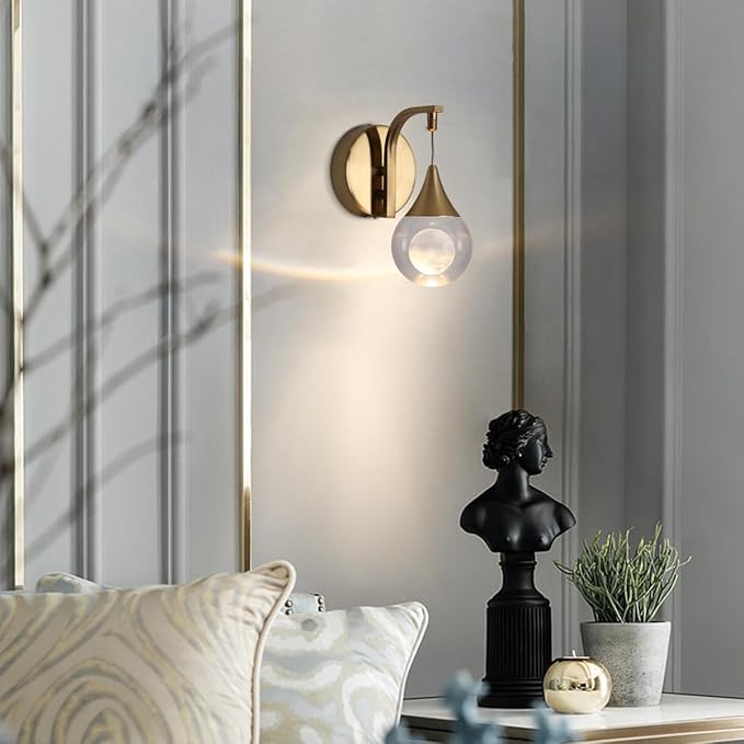 Moon Wall Sconce Indoor, Crystal Sconce Wall Lighting Modern, Dimmable LED Wall Light for Bedroom Bathroom Living Room Vanity Dining Room, Brass