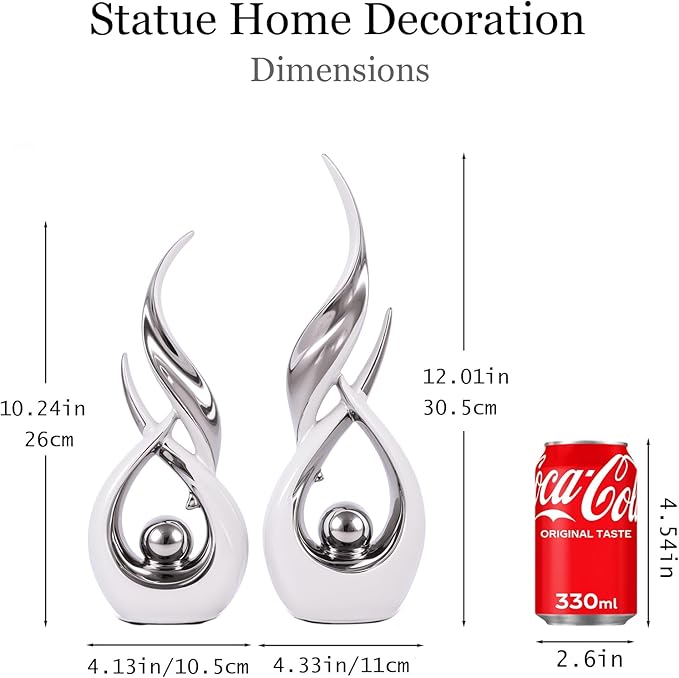 2 PCS White Silver Ceramic Statues For Home Decor Accents, Modern Abstract Art Sculptures, Elegant Tabletop Decorative Objects For Dining Room, Entryway, Tv Stand, Mantel, Coffee Table Centerpieces