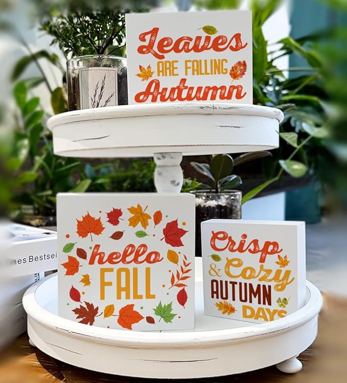 3 Pcs Fall Tiered Tray Decor Hello Fall Sign Home Decorations Autumn Theme 3 Pcs Wood Decorative Signs for Table Desk Shelf Wall