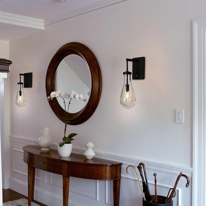 HuisMier Raindrop Wall Sconces, Black Wall Sconces with On/Off Switch, Modern Clear Glass Wall Lamp Vanity Light Fixtures for Bathroom Bedroom Living Room Hallway, Hardwired