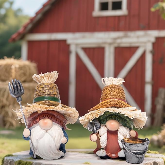 Hodao Fall Scarecrow Farm Gnomes - Couple Figurines with Straw Hats & Farm Tools, Rustic Indoor Outdoor Decor for Home, Porch, Thanksgiving & Harvest Gifts(Green)