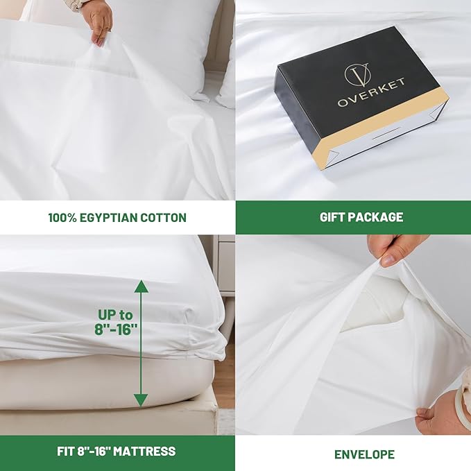 Egyptian Cotton Sheets Full Size 4PCS 1000 Thread Count Sateen Weave Soft Breathable 16-Inch Deep Pocket (Full,White)