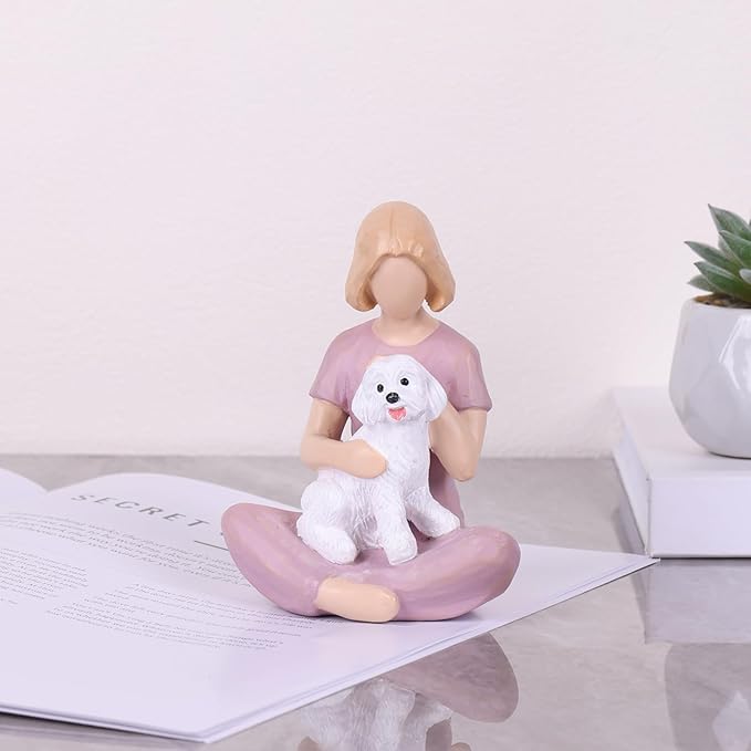 Girl and Dog Figurine Statue – Pet Memorial Gifts for Dog Lovers, Hand-Painted Resin Statue for Tabletop, Shelf, Desk Decor - Sympathy Gift for Birthday, Christmas, Thanksgiving – Purple