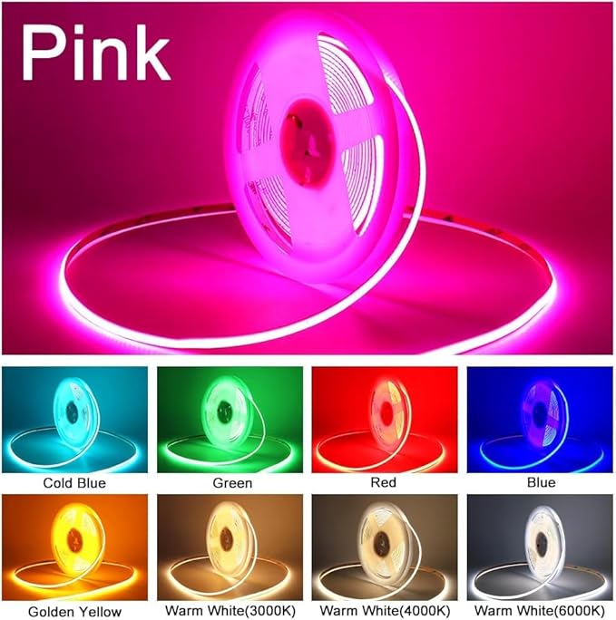 COB LED Strip Light, 16.4FT 12V Pink Narrow Width 5mm Super Bright CRI 90+ Dotless LED Tape Light, 400LEDs/M Cuttable Flexible Dimmable Light Strip for Indoor Home Decor (No Power Supply)