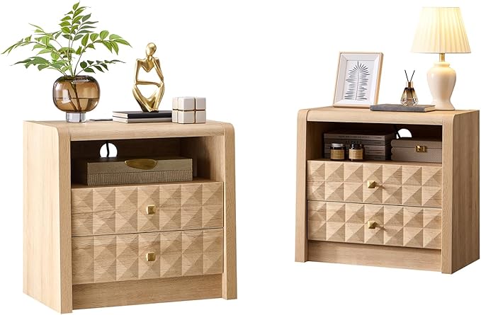 Modern Night Stand Set 2, 23.62" Wide Wood Side Table w/2 Storage Drawers &Open Shelf &Charging Station, Mid Century Modern Bedside w/Diamond Panel Decorate for Bedroom, Curved Profile Design, Natural