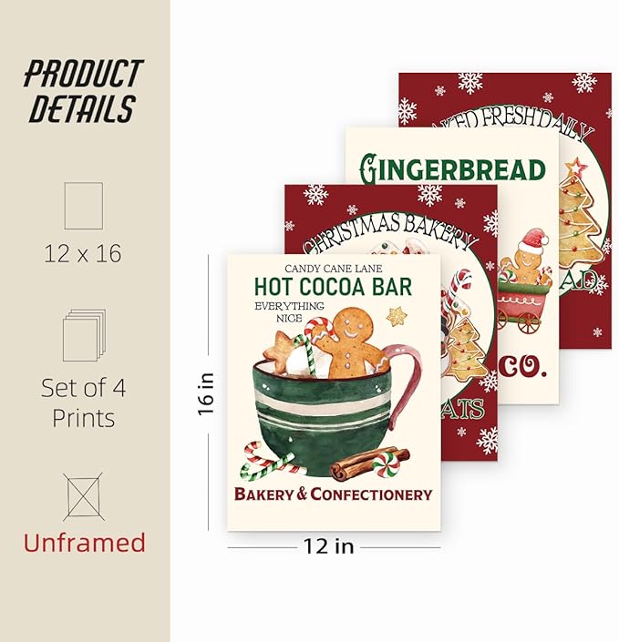 ETVISO Christmas Decor, Gingerbread Christmas Wall Art Prints Set of 4, Winter Holiday Baking Lover Gifts Home Decor, Xmas Bakery Hot Cocoa Porch Wall Decor, 12x16 (Unframed)