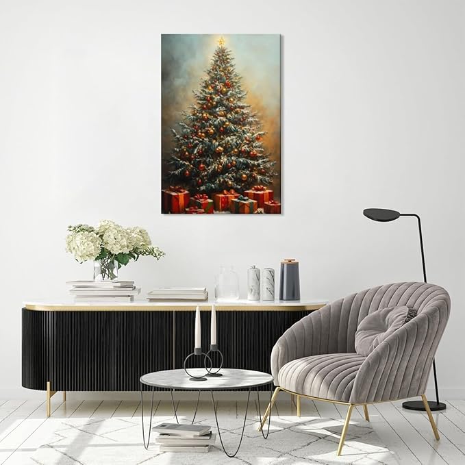 Vintage christmas wall art winter pine tree canvas poster xmas tree gift prints painting festive mood background wall decoration for living room bedroom Framed8x12inch