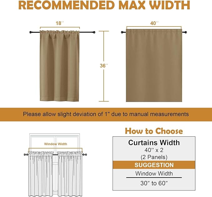 Aiyufeng Taupe Short 36 Inches Blackout Curtain 2 Panels Set, Half Window Rod Pocket Privacy Curtain Tiers for Kitchen, Curtains Blackout for Bathroom Shades, W40 x L36 Inch, Taupe