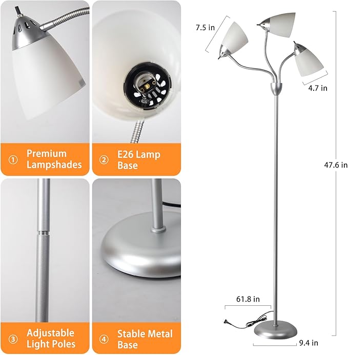 DINGLILIGHTING Floor Lamp Tall for Bedroom: Silver Standing Lamp Reading for Living Room Home Study Room Office - Modern Led Floor Light 3-Light Adjustable Flexible Gooseneck Metal Multi Head