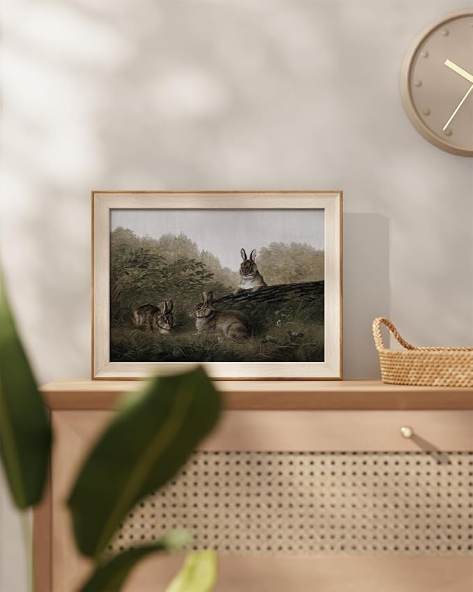 InSimSea Framed Canvas Wall Art of Rabbit Animal - Vintage Easter Bunny Room Decor, Aesthetic Wall Art Home Decor Oil Painting for Living Room Bedroom Botanical Landscape Farmhouse Wall Decor 12x16In