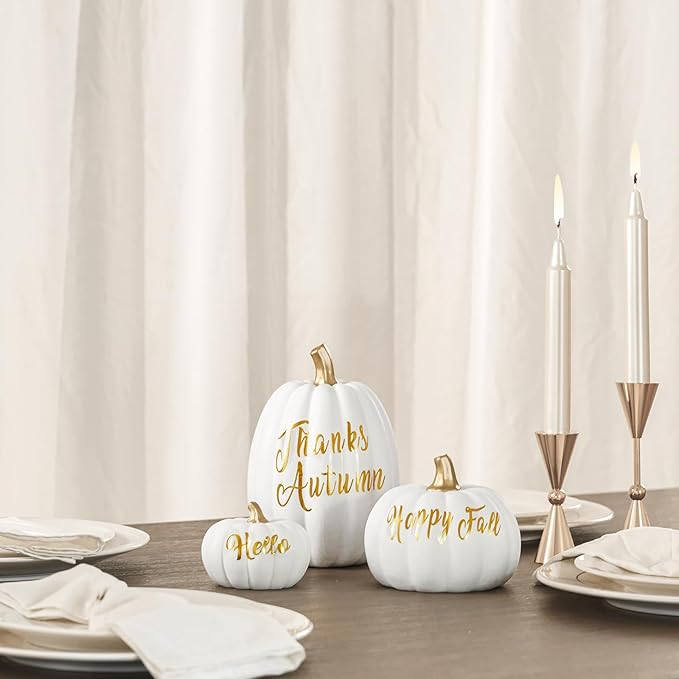 DN DECONATION 3Pcs Fall Pumpkin Decorations for Home, Faux White and Gold Words Pumpkin, Decorative Resin Pumpkins Figurines for Minimalist Modern Farmhouse Autumn Thanksgiving Fall Table Mantel Decor