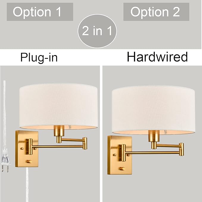 Gold Plug in Wall Sconces Set of Two Brass Swing Arm Wall Lamp Hardwired Wall Sconce with Switch for Bedroom Living Room