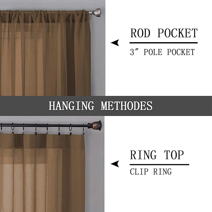 Tollpiz Short Sheer Curtain Linen Textured Living Room Curtains Sheer Light Filtering Rod Pocket Voile Curtain for Bedroom, 42 x 54 inches Long, Brown, Set of 2 Panels