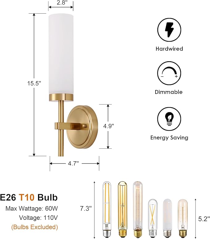 Gold Bathroom Wall Sconces Set of 2, Modern Sconces Wall Lighting Vanity Light Fixtures with Opal White Glass Shade, Brushed Brass Wall Lights for Mirror Living Room Bedroom Hallway Kitchen Stairs