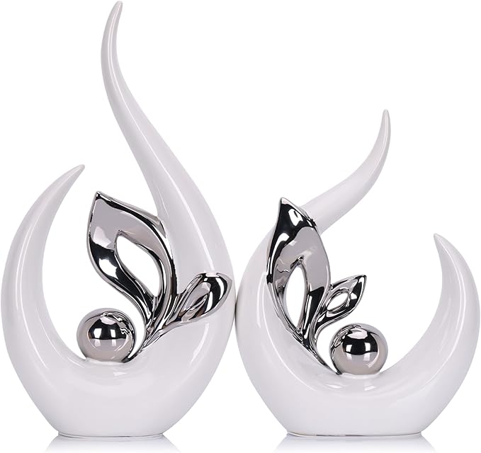 13" H White Silver Abstract Sculptures Home Decor, Ceramic Art Statue Cool Stuff to Put on Shelves&tv Stand Decor, Silver Accent Entertainment Center, for Fireplace Coffee Table Dining Table Decorate