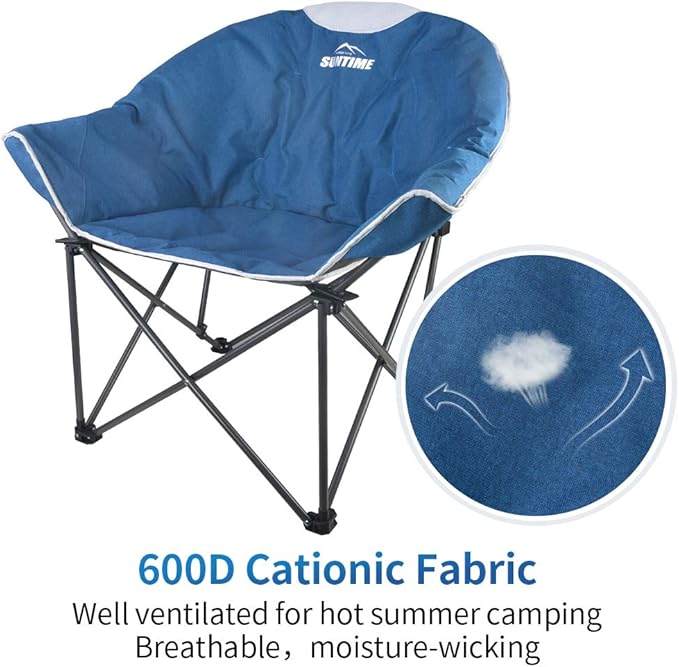 OUTDOOR LIVING SUNTIME Oversized Padded Camping Chair,Portable Comfy Outdoor Folding Moon Round Saucer Chairs for Adults with Holder and Carry Bag, Perfect for Hiking Lawn Patio Sports(Blue 2 Pack)