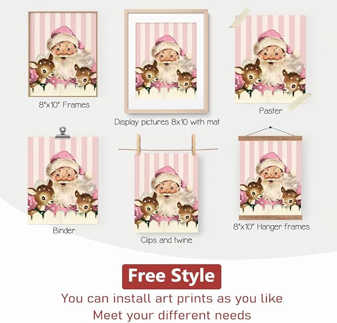 PLKMN Pink Christmas Wall Art Prints Set of 4, Vintage Santa Claus Snowman Wall Art Decor, Merry Christmas Decor for Gallery, Living Room, Bathroom, 8x10 (Unframed)