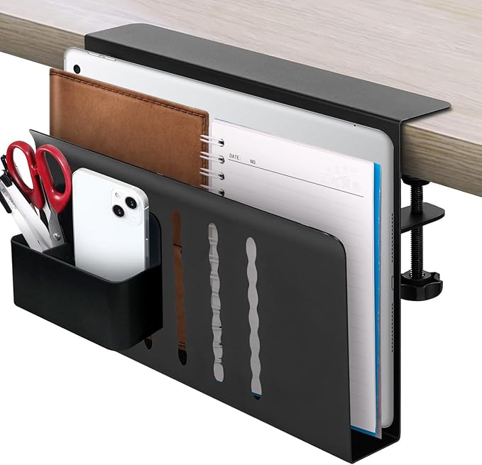 Desk Side Storage, Desk Laptop Holder with Anti-Scratch Pad & Magnetic Pen Holder, No Drill Hanging Table Organizer for Office and Home Fits Flat Edge 0.3" to 2.3"