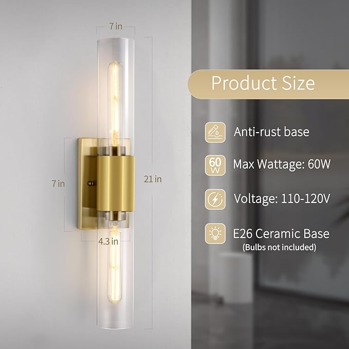 21" Gold Wall Sconces Set of Two, 2-Light Bathroom Sconces Vanity Light Tube Sconce, Clear Glass Indoor Hardwired Mounted Wall Lighting for Living Room,Bedroom,Hallway-Gold Clear (Bulb Not Included)